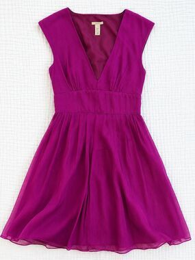 J.Crew Silk Deep V Cocktail Dress Magenta Pink Sleeveless Fit Flare Size 4